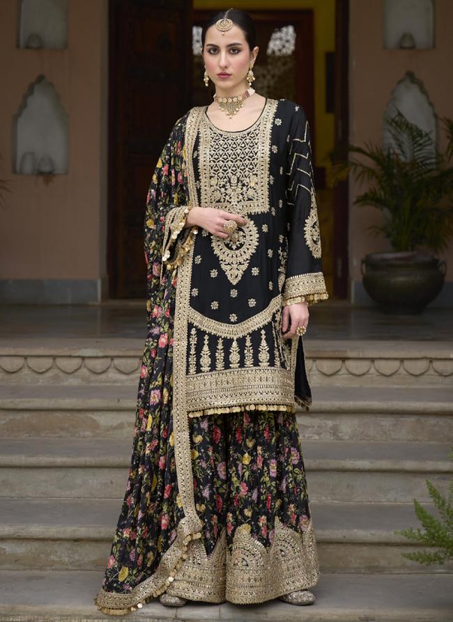 Chinnon Black Eid Wear Embroidery Work Readymade Sharara Suit
